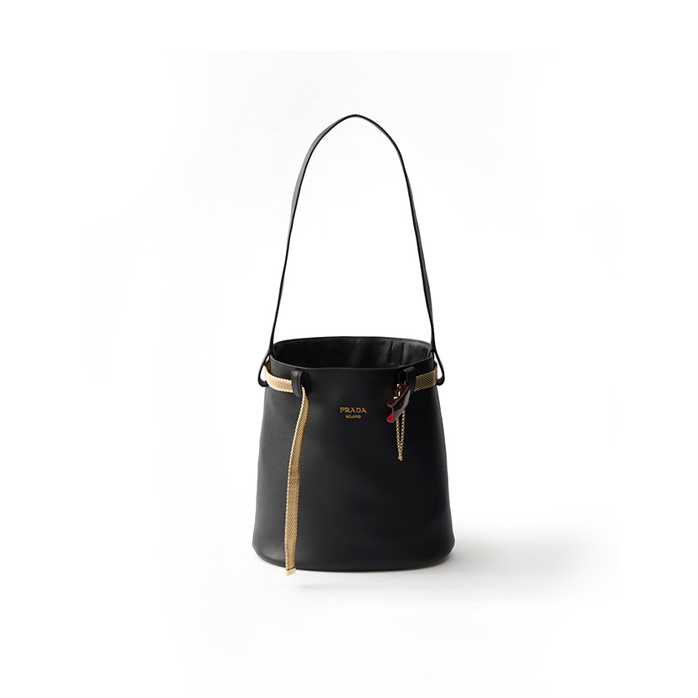 PRADA BUCKLE LEATHER BUCKET BAG WITH JEWELED BELT 1BE085 (29*16.5*18cm) PRADA BUCKLE LEATHER BUCKET BAG WITH JEWELED BELT 1BE085 (29*16.5*18cm)
